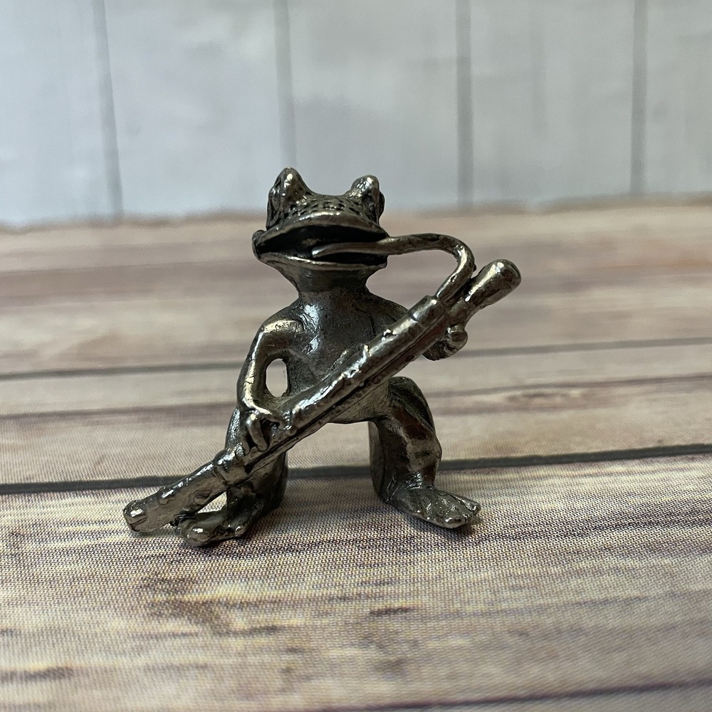 Whimsical  Metal Frog Figurine Playing Bassoon Instrument 1.5" X 1.5"